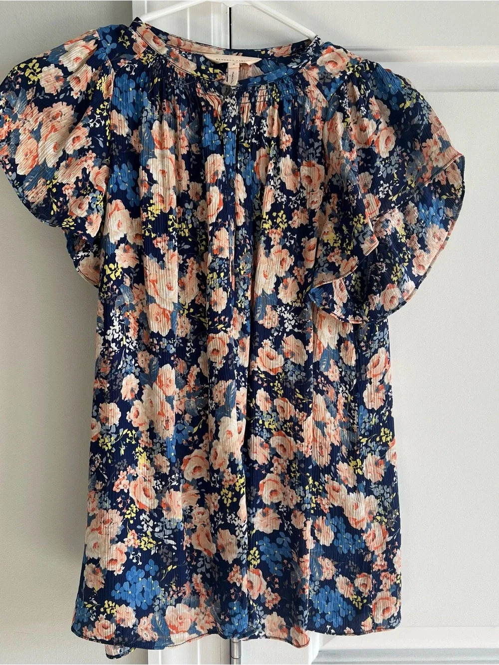 Rebecca Taylor Button Down 100% Silk Navy Floral Ruffle Sleeve Top - Picture 2 of 7